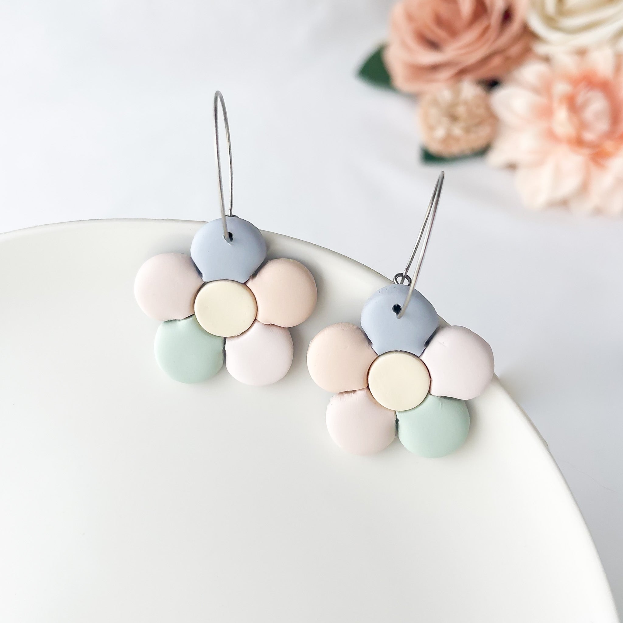 Pastel Daisy Hoop Earrings, Handmade Polymer Clay Floral Jewelry, Lightweight Boho Earrings, Hypoallergenic, Clip-On Option