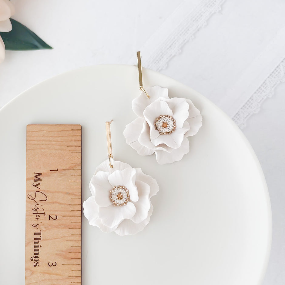 White Large Flower Dangle Earrings | Lightweight Polymer Clay Jewelry | Handmade Clip-On Earrings Option