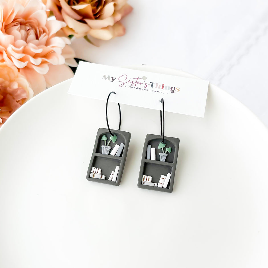 Handcrafted Gray Bookshelf Hoops | Unique Handmade Statement Earrings | Trendy Boho Chic Artisan Jewelry