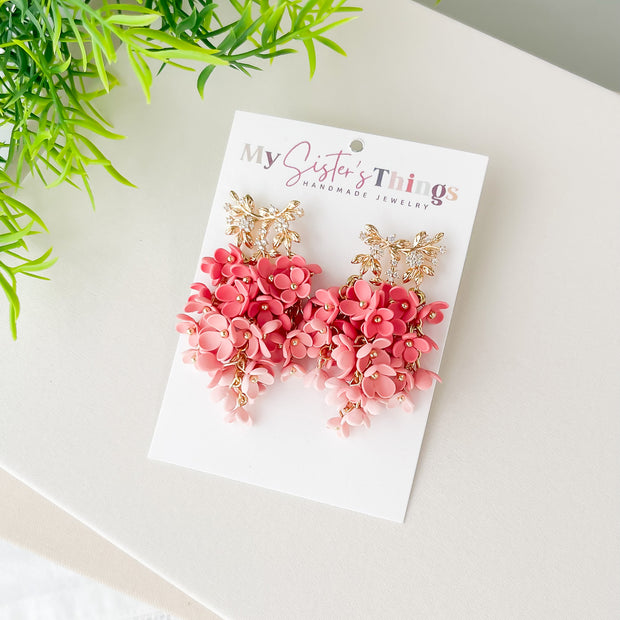 Pink Ombre Floral Earrings, Polymer Clay Earrings, Lightweight Statement Jewelry