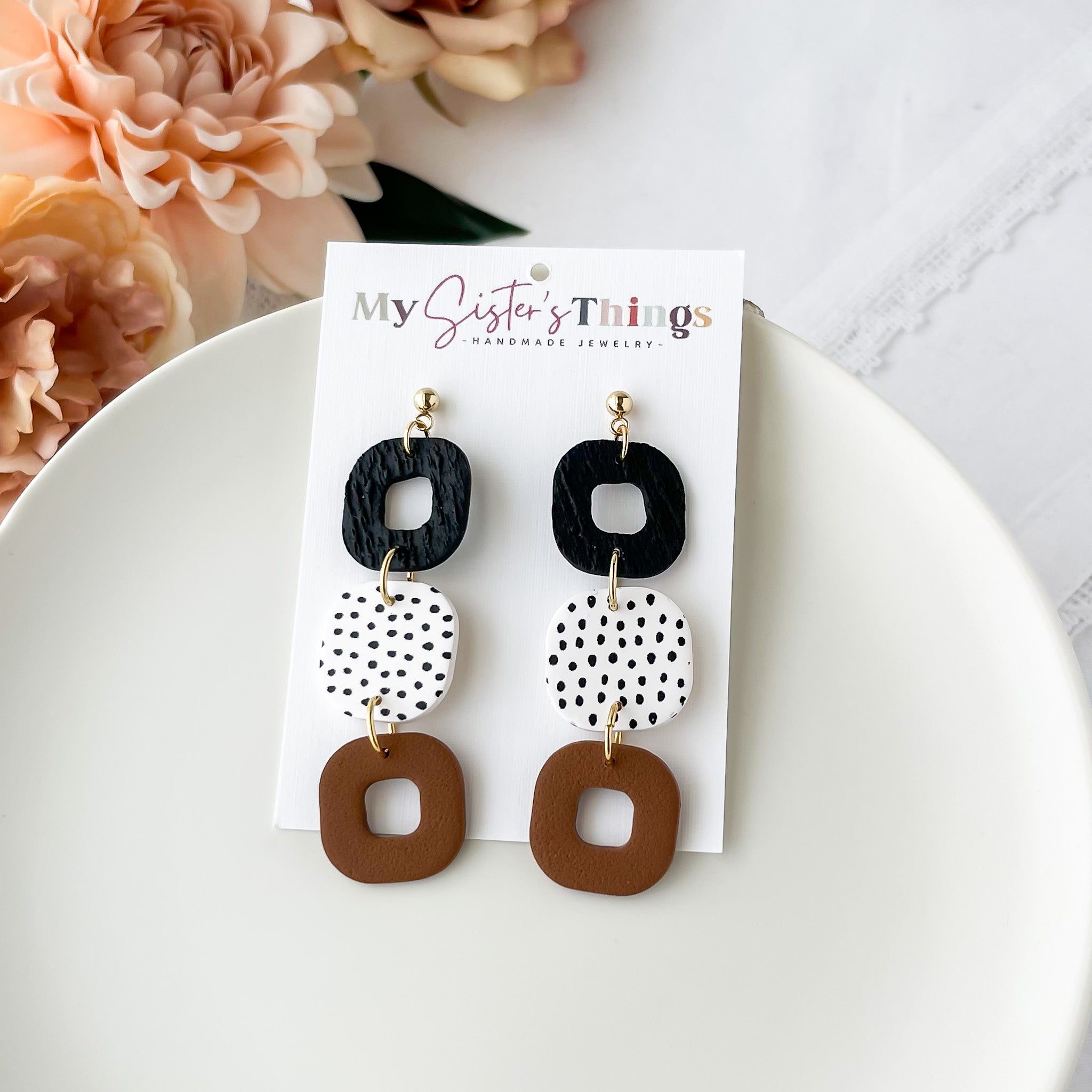 Square Trio Dangles Earrings | Polymer Clay Statement Jewelry | Clip-On Earring Option