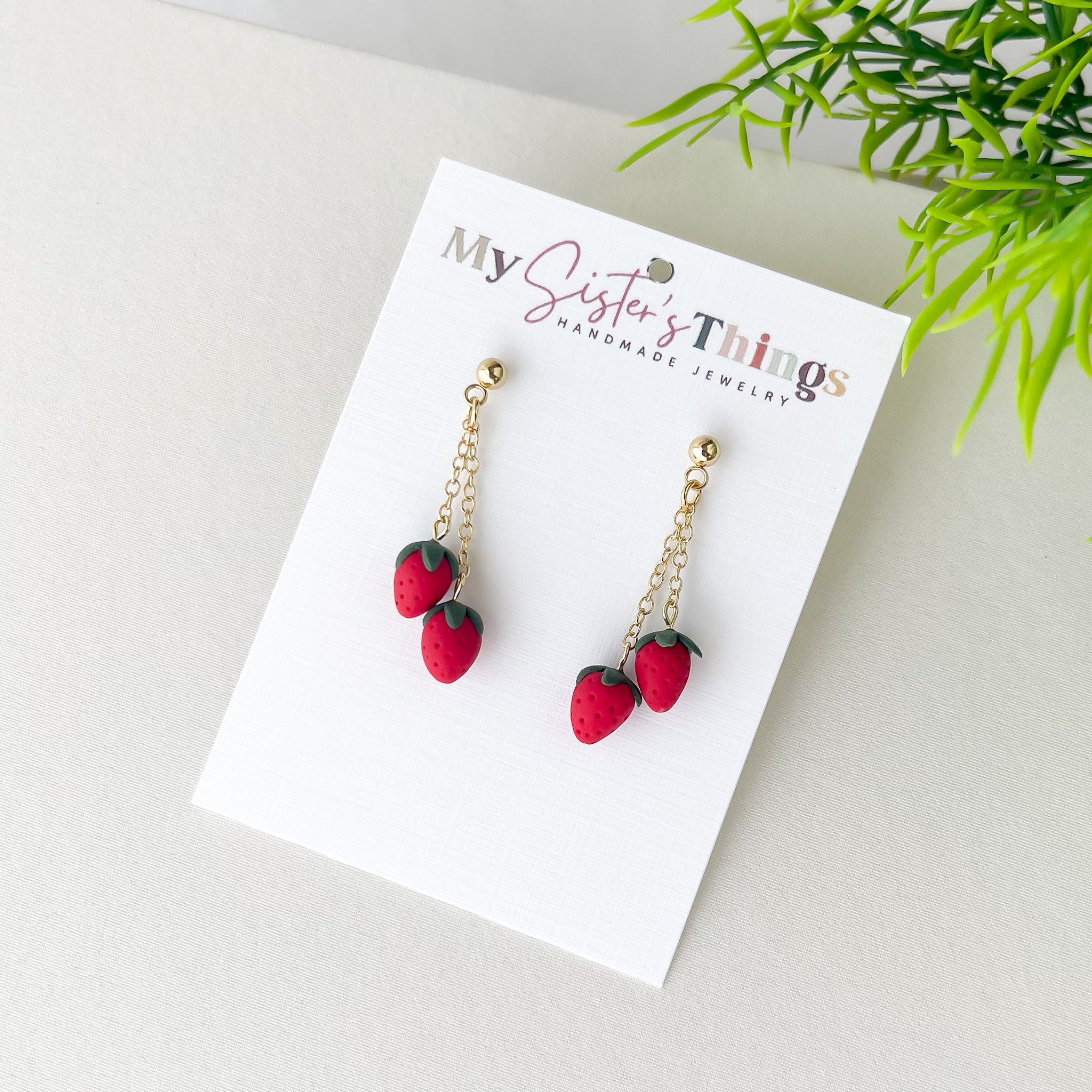 Strawberry Dangle Earrings:  Polymer Clay Lightweight Cottagecore Jewelry, Surgical Steel Posts, Clip On Option