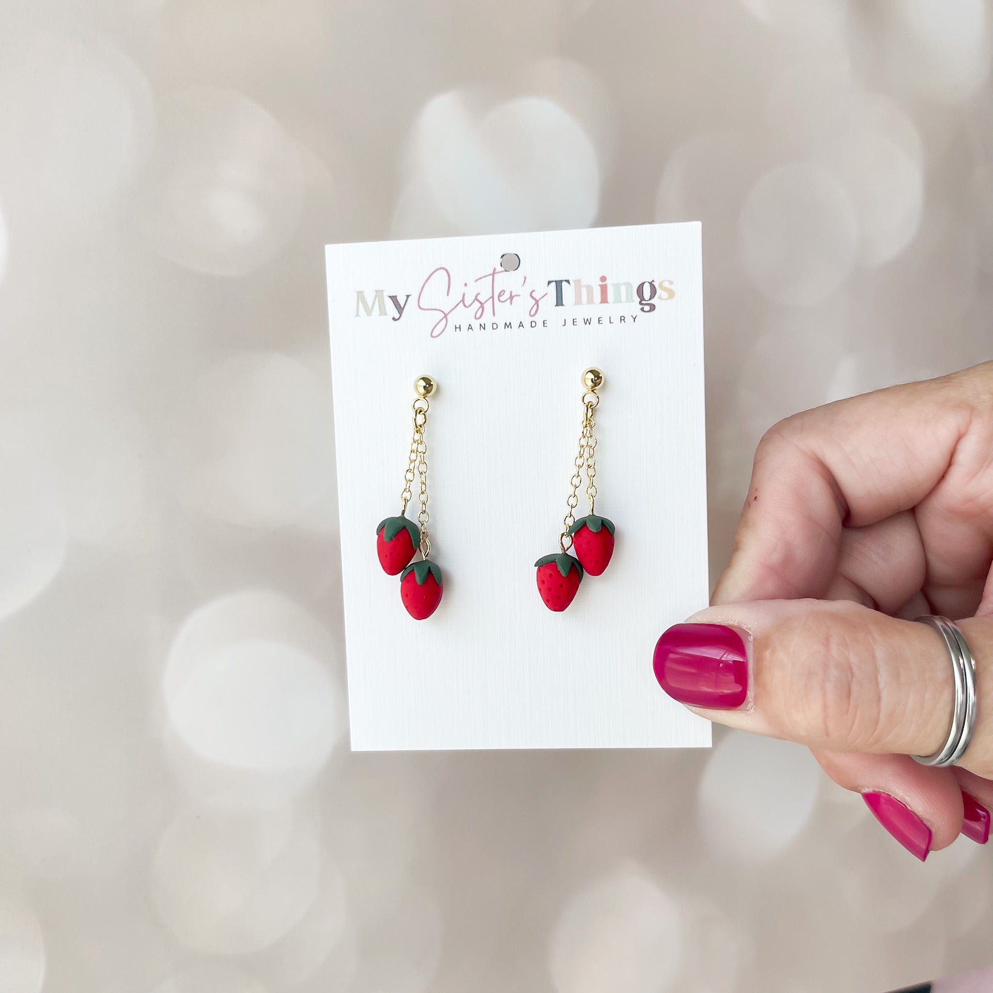 Strawberry Dangle Earrings:  Polymer Clay Lightweight Cottagecore Jewelry, Surgical Steel Posts, Clip On Option