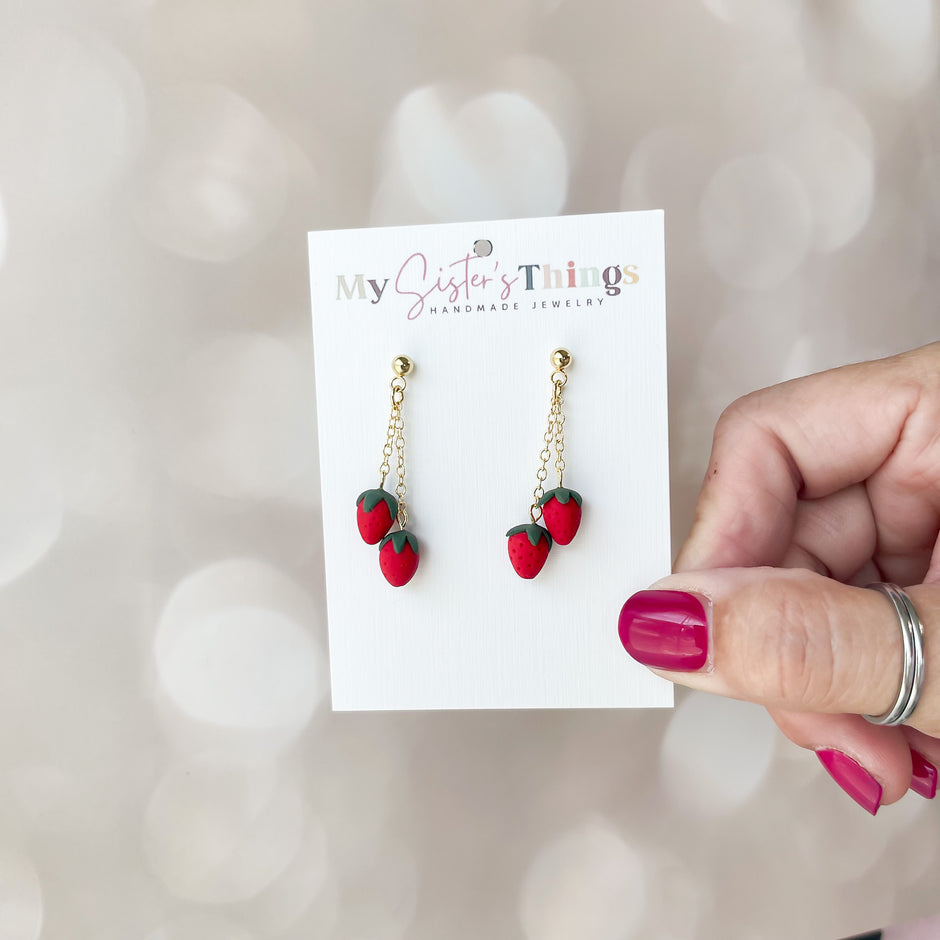 Strawberry Dangle Earrings:  Polymer Clay Lightweight Cottagecore Jewelry, Surgical Steel Posts, Clip On Option