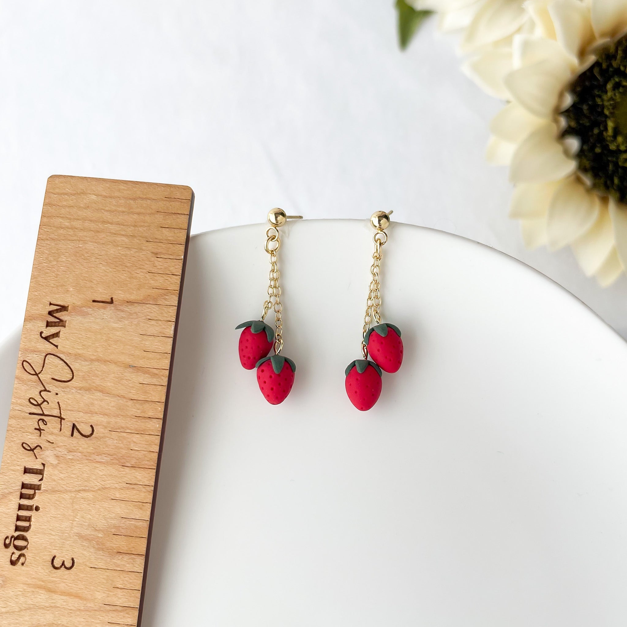 Strawberry Dangle Earrings:  Polymer Clay Lightweight Cottagecore Jewelry, Surgical Steel Posts, Clip On Option