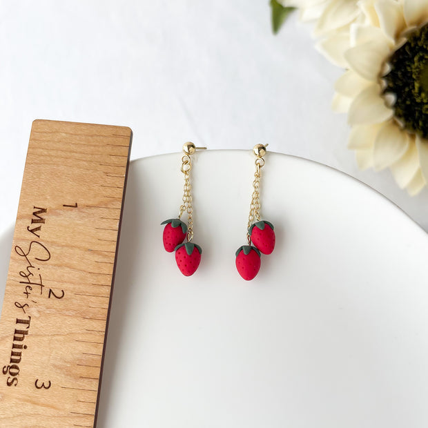 Strawberry Dangle Earrings:  Polymer Clay Lightweight Cottagecore Jewelry, Surgical Steel Posts, Clip On Option
