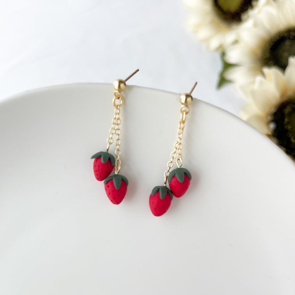 Strawberry Dangle Earrings:  Polymer Clay Lightweight Cottagecore Jewelry, Surgical Steel Posts, Clip On Option