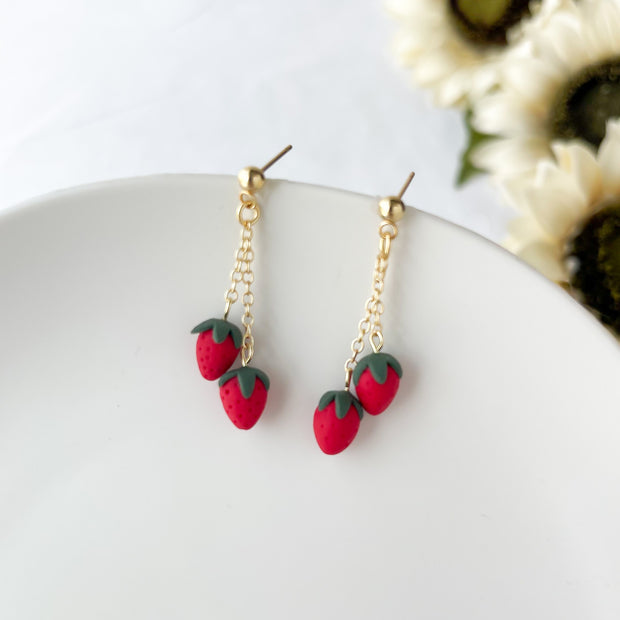 Strawberry Dangle Earrings:  Polymer Clay Lightweight Cottagecore Jewelry, Surgical Steel Posts, Clip On Option