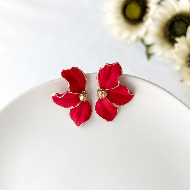 Red floral polymer clay stud earrings artisan jewelry
