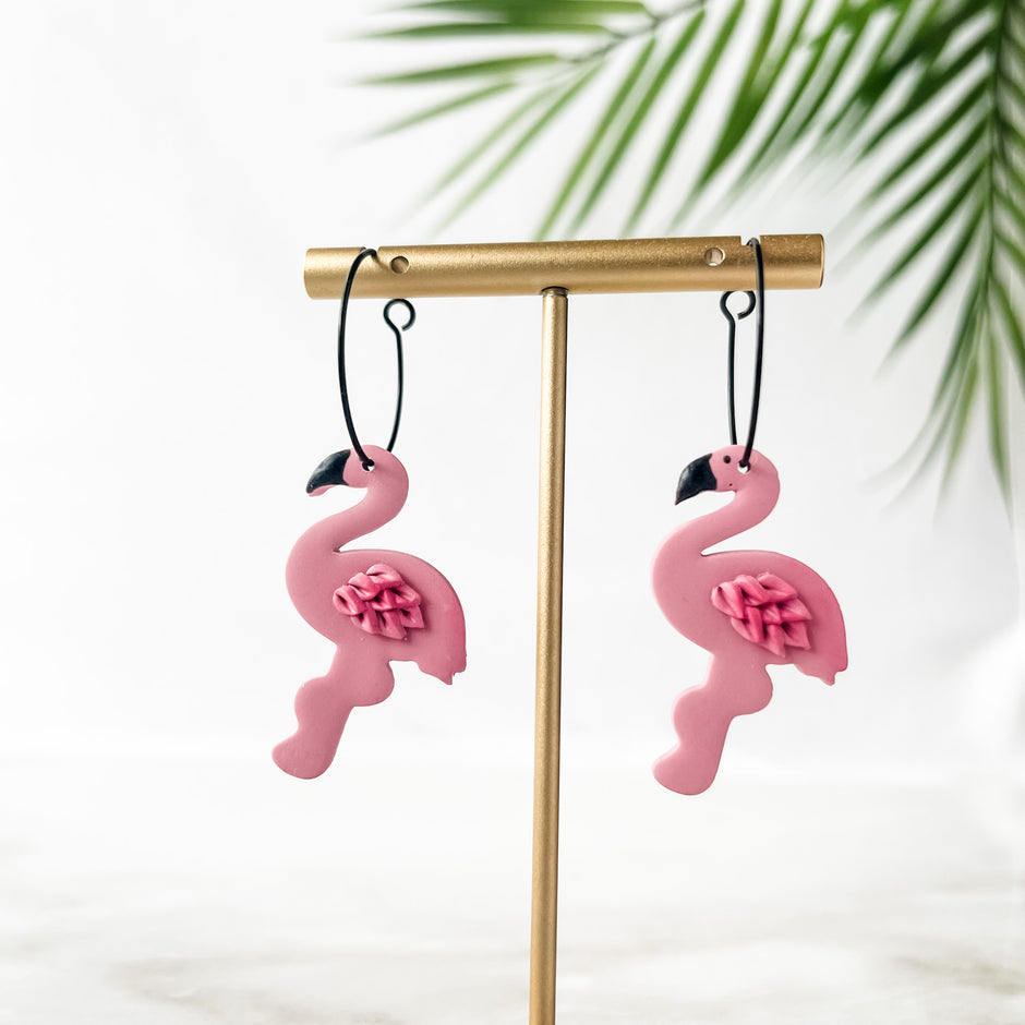 Handmade Flamingo Earrings Hoops | Unique Statement Earrings | Artisan-Made Bold Designs | Boho Chic and Trendy | Custom Handmade Polymer Clay Earrings