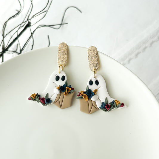 Handcrafted Ghost and Bag of Flowers Dangle Earrings | Unique Boho Chic Statement Jewelry for Halloween | Artisan-Made in Small Batches