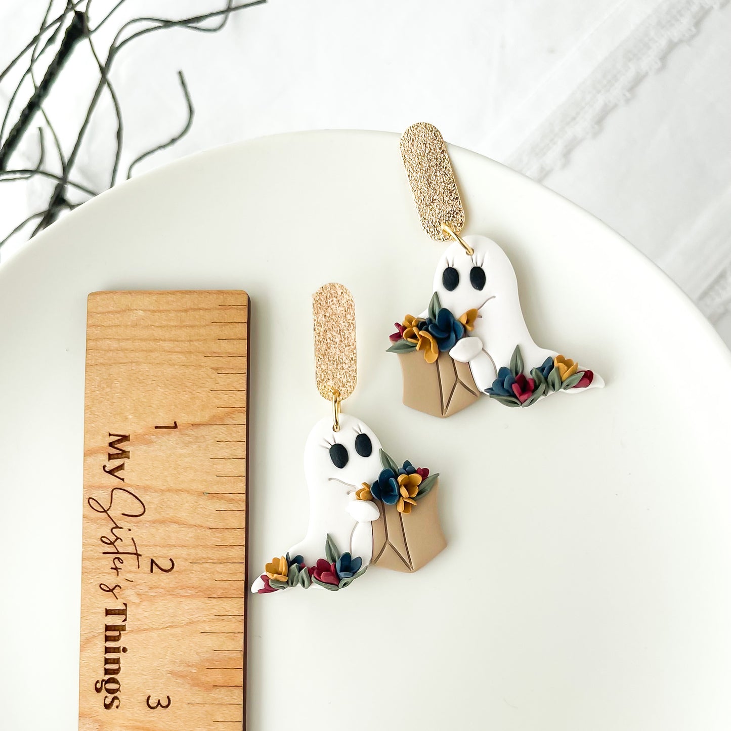 Handcrafted Ghost and Bag of Flowers Dangle Earrings | Unique Boho Chic Statement Jewelry for Halloween | Artisan-Made in Small Batches