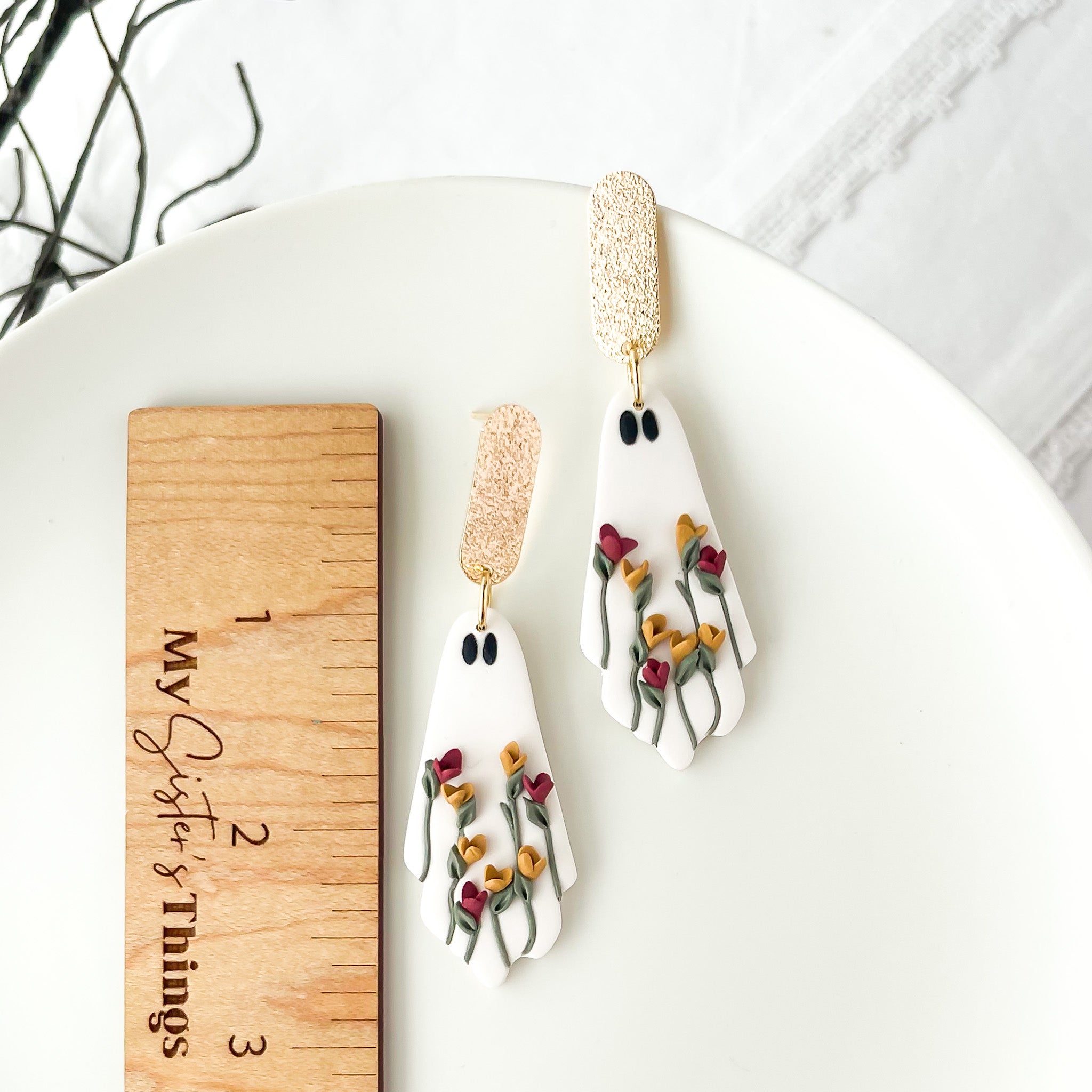 Unique Handmade Floral Ghost Earrings | Edgy Artisan Statement Jewelry | Boho Chic Halloween Accessories