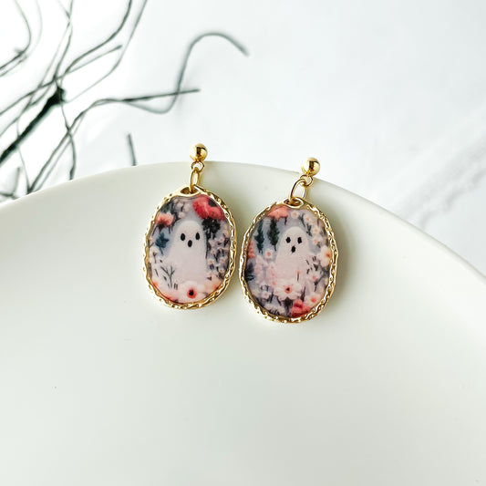 Whimsical Handmade Framed Ghost Dangle Earrings | Unique Statement Earrings for Halloween | Edgy Polymer Clay Earrings