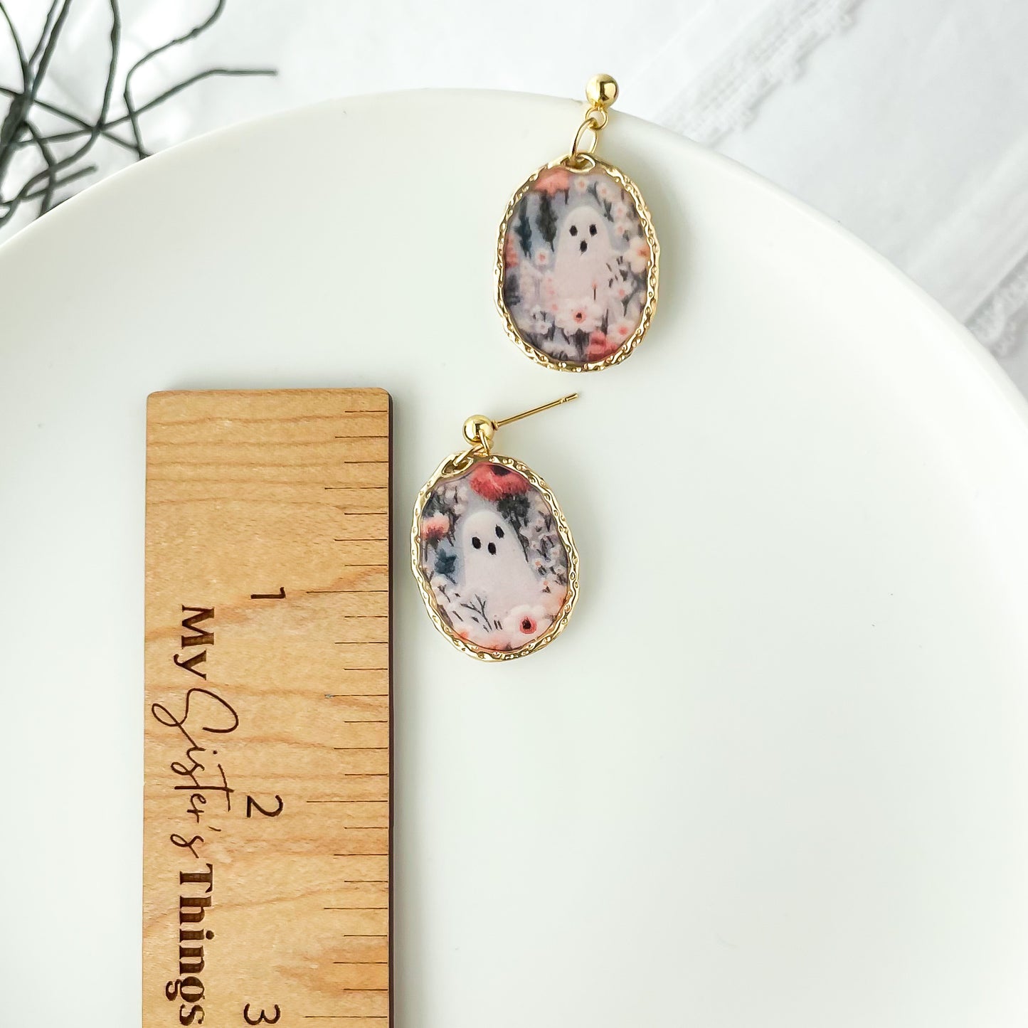 Whimsical Handmade Framed Ghost Dangle Earrings | Unique Statement Earrings for Halloween | Edgy Polymer Clay Earrings