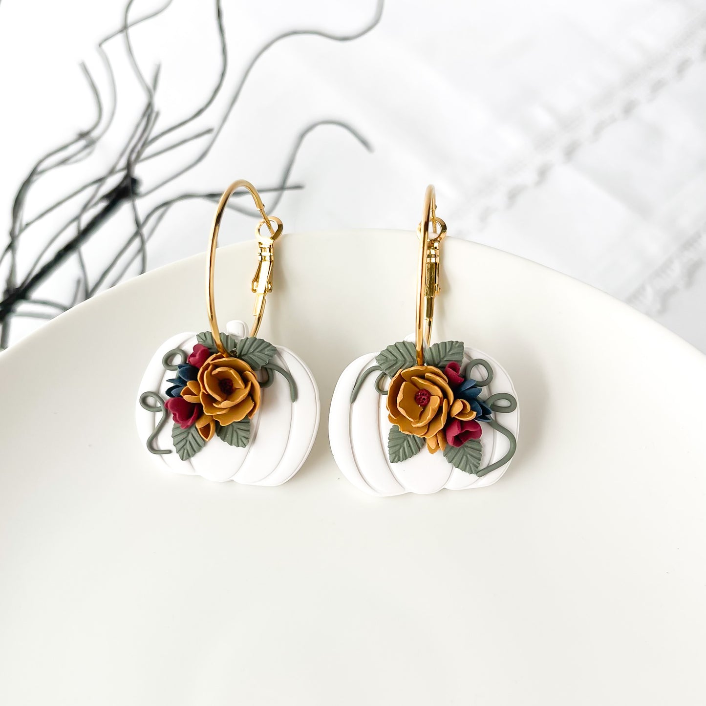 Handmade Edgy Floral Pumpkin Earrings – Statement Jewelry for Fall – Boho Chic Dangle Earrings with Hypoallergenic Hoops
