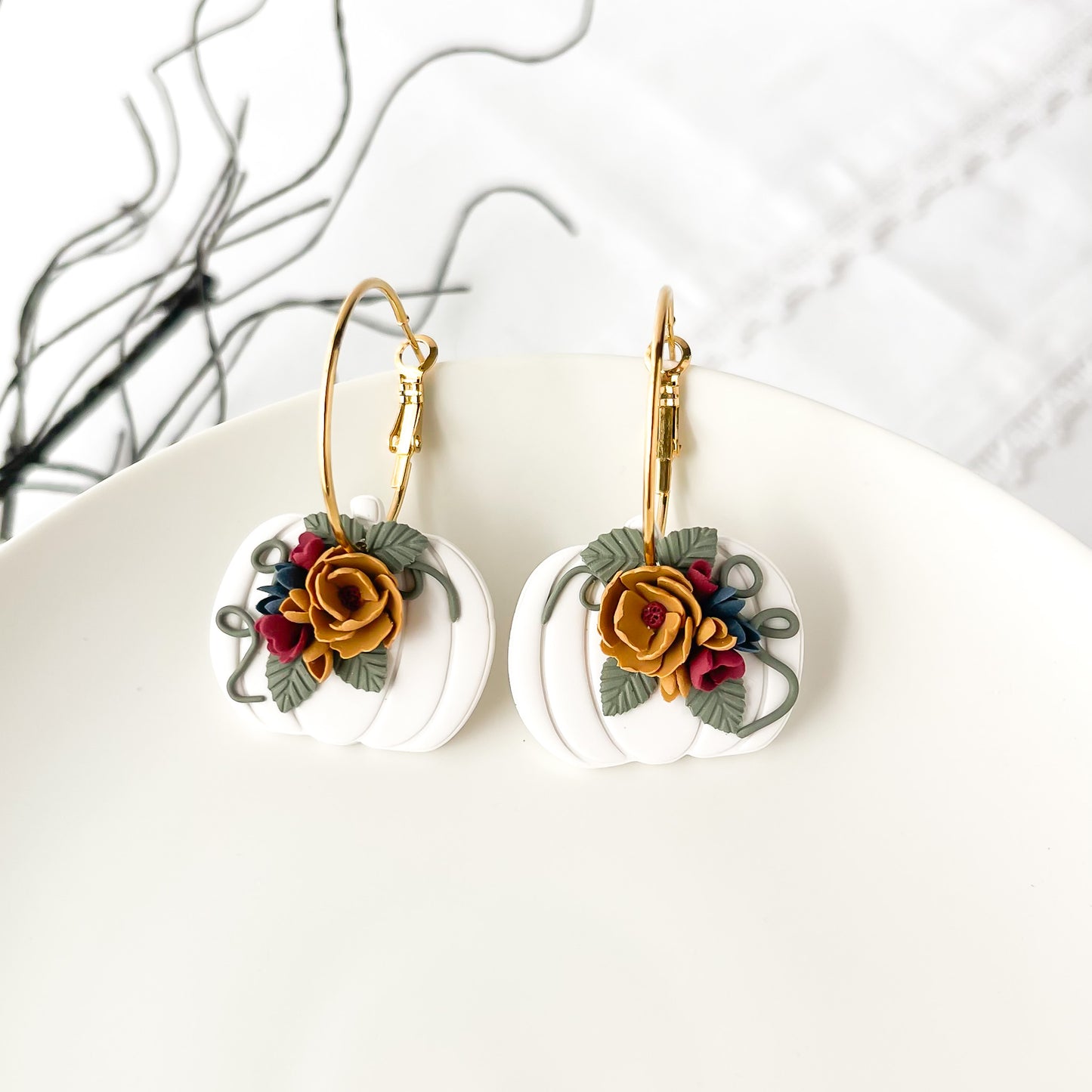 Handmade Edgy Floral Pumpkin Earrings – Statement Jewelry for Fall – Boho Chic Dangle Earrings with Hypoallergenic Hoops