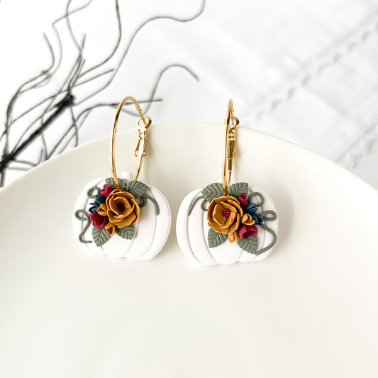 Handmade Edgy Floral Pumpkin Earrings – Statement Jewelry for Fall – Boho Chic Dangle Earrings with Hypoallergenic Hoops