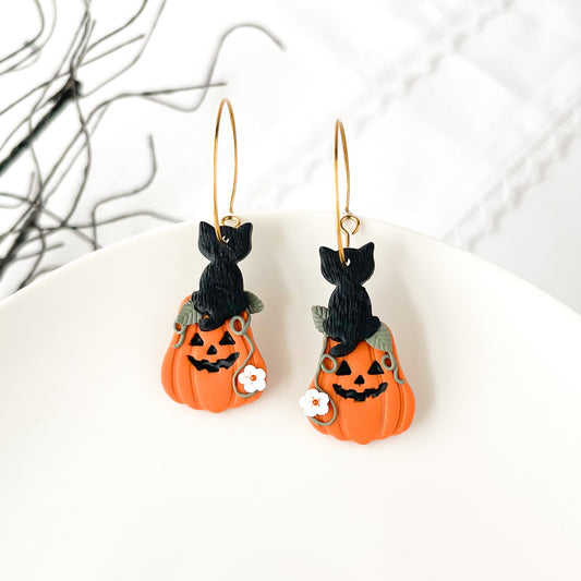 Edgy Handmade Cat on Pumpkin Earrings - Unique Boho Chic Statement Jewelry for Halloween | Artisan Polymer Clay, Hypoallergenic