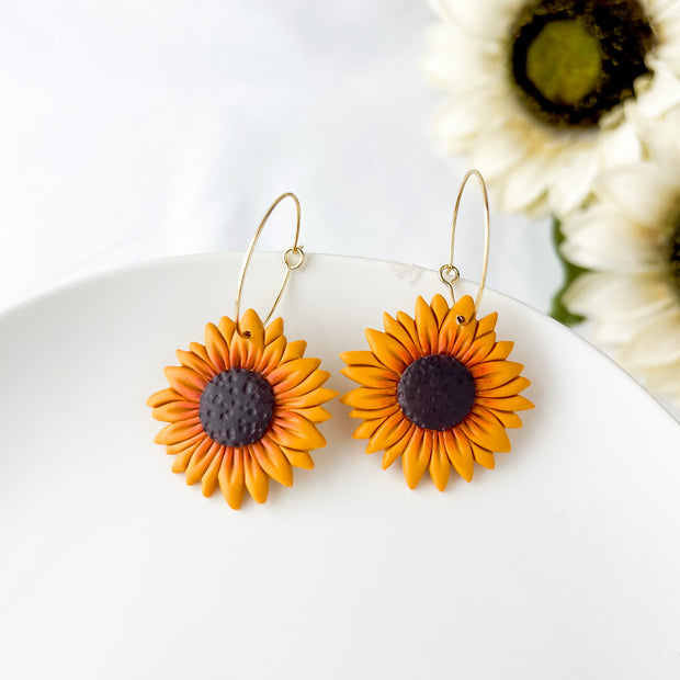 Sunflower Dangle Earrings,  Lightweight Polymer Clay Cottagecore Jewelry, Clip-On Option