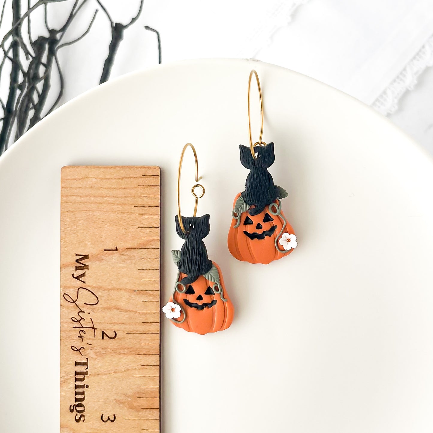 Edgy Handmade Cat on Pumpkin Earrings - Unique Boho Chic Statement Jewelry for Halloween | Artisan Polymer Clay, Hypoallergenic
