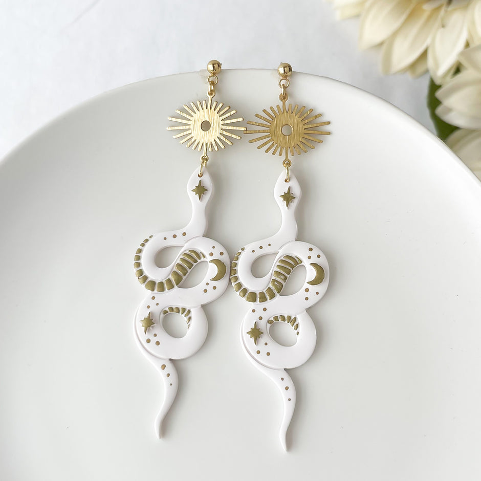 Bold Handmade White Snake Earrings | Unique Edgy Statement Jewelry | Boho Chic Clip-On Earrings Option