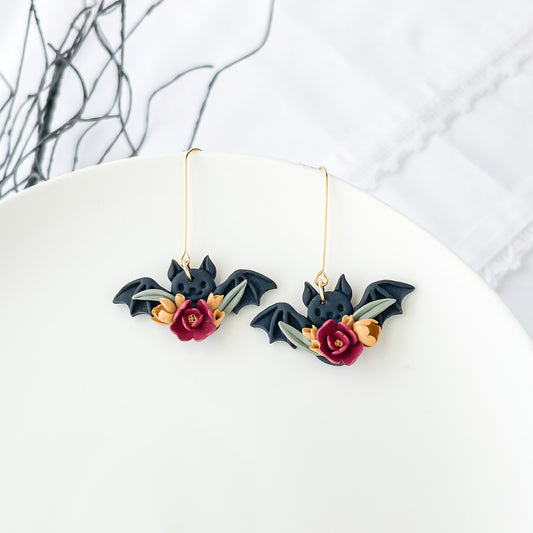 Handmade Floral Bat Earrings | Unique Boho Chic Statement Jewelry | Edgy and Whimsical Fall Accessory
