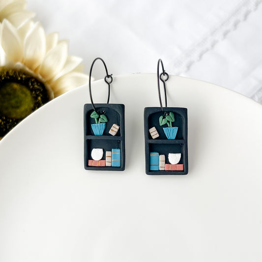 Edgy Handmade Bookshelf Hoops - Unique Polymer Clay Statement Earrings with Plant Design