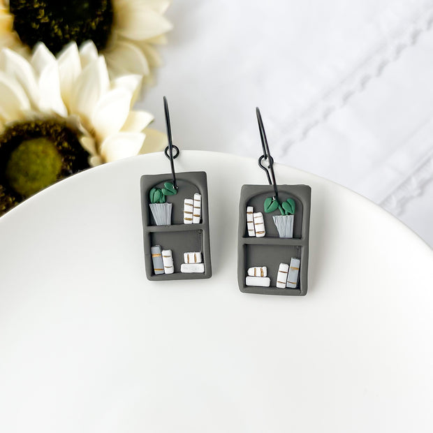 Handcrafted Gray Bookshelf Hoops | Unique Handmade Statement Earrings | Trendy Boho Chic Artisan Jewelry