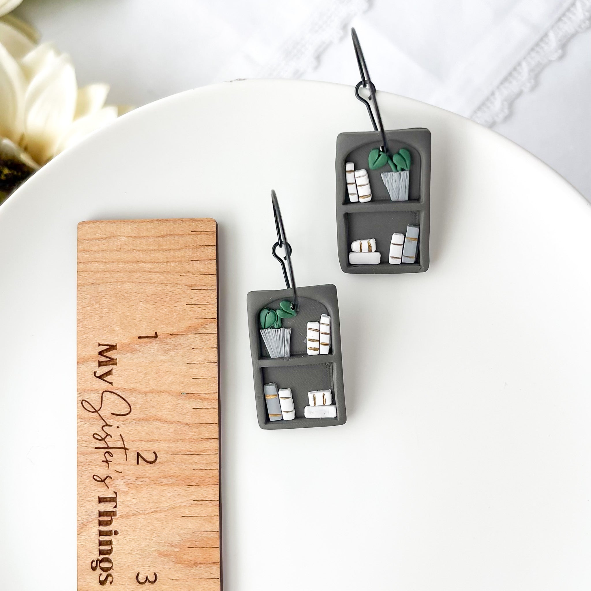 Handcrafted Gray Bookshelf Hoops | Unique Handmade Statement Earrings | Trendy Boho Chic Artisan Jewelry