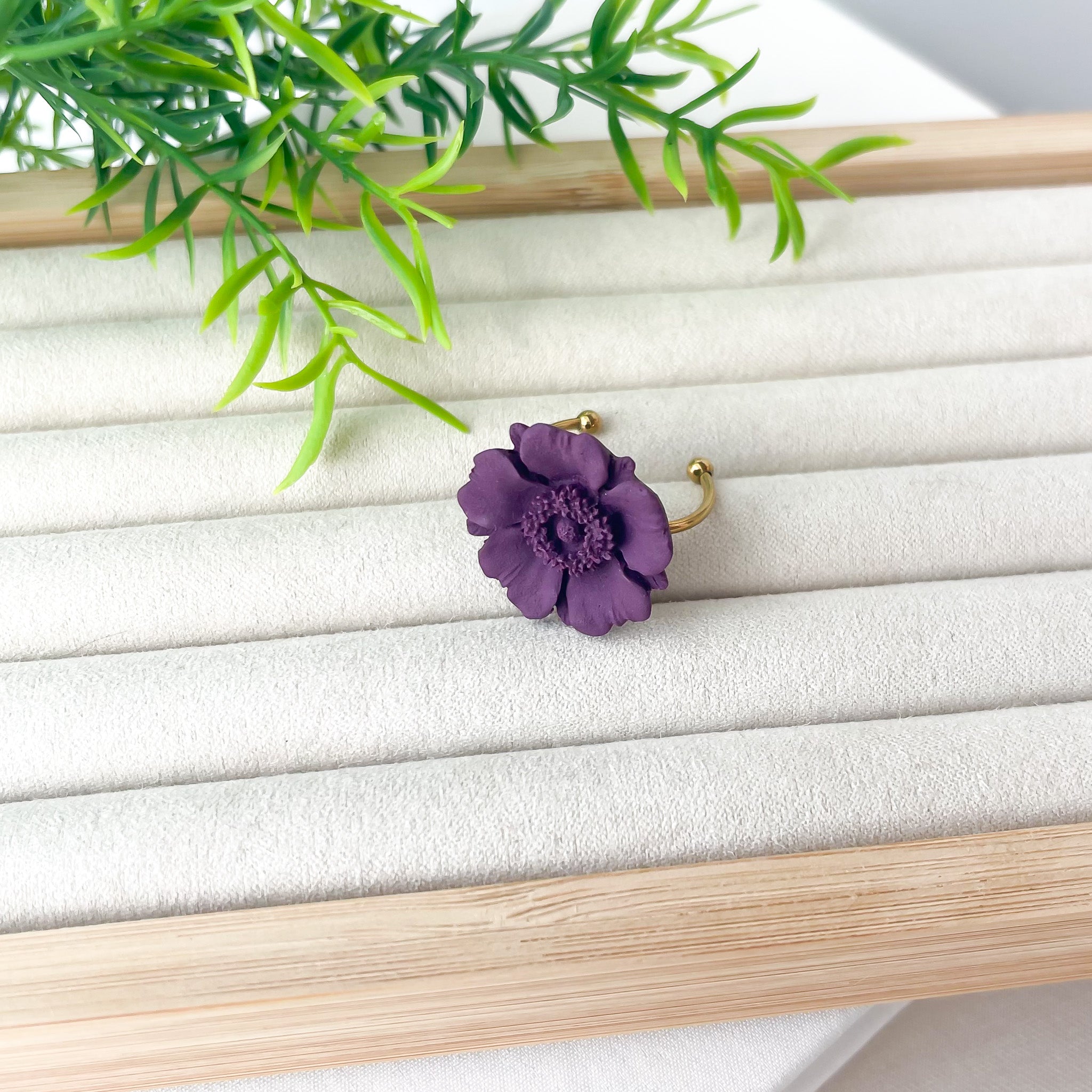 Poppy Floral Adjustable Ring, Stainless Steel and Polymer Clay