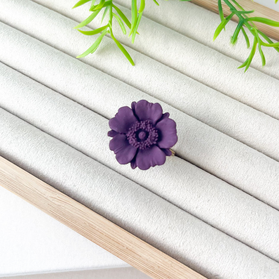 Poppy Floral Adjustable Ring, Stainless Steel and Polymer Clay