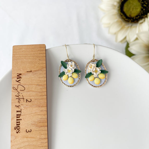 Italian Summer Lemon Tree Dangle Earrings, Handmade Polymer Clay Jewelry, Clip On Option