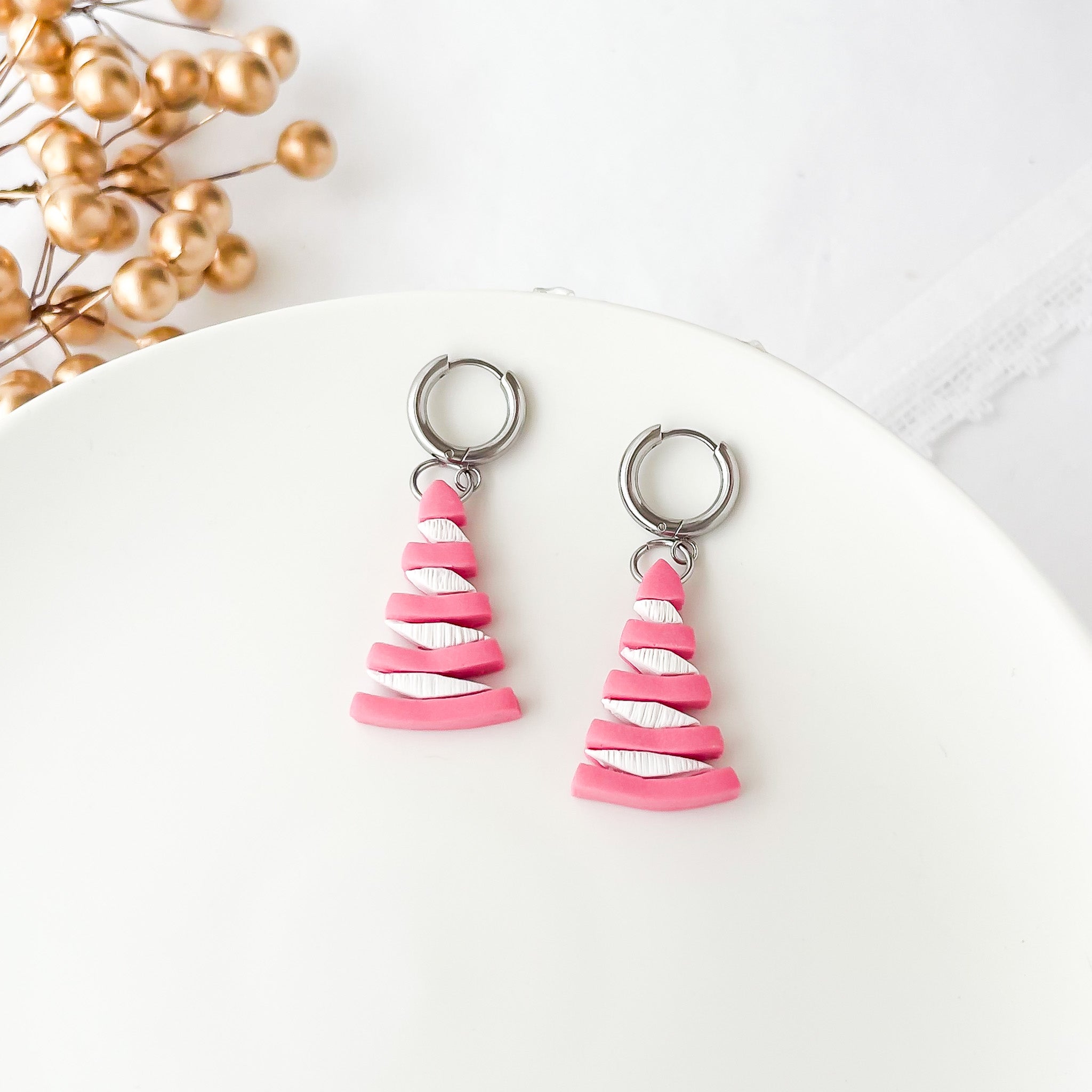 Pink Christmas Tree Earrings