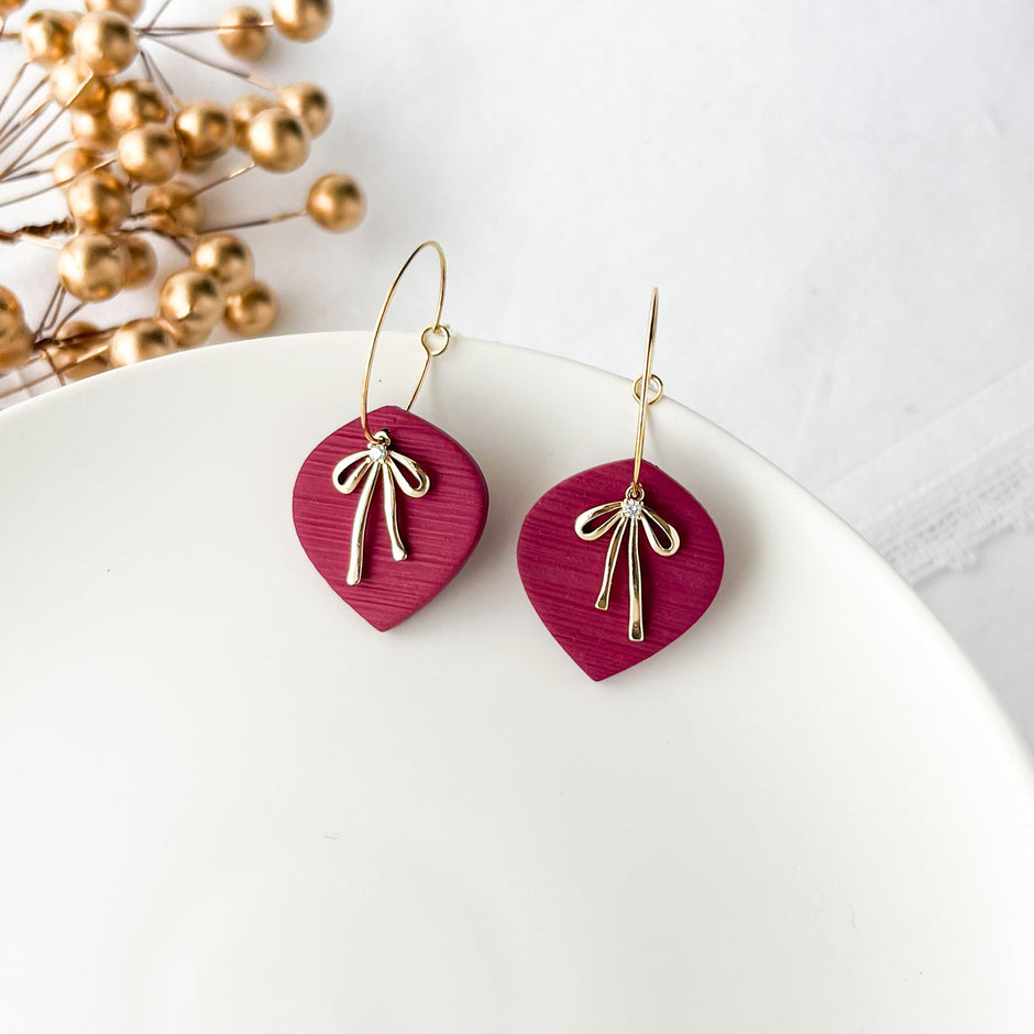 Bow Dangle Earrings | Handmade Polymer Clay Jewelry | Cute Bow Clip-On Earrings Option
