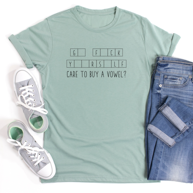 Mint green t-shirt with text, white sneakers, and blue jeans on a white background