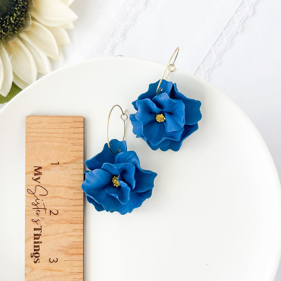 Indigo Blue Large Flower Earrings | Lightweight Polymer Clay Jewelry |  Flower Clip-On Statement Earrings
