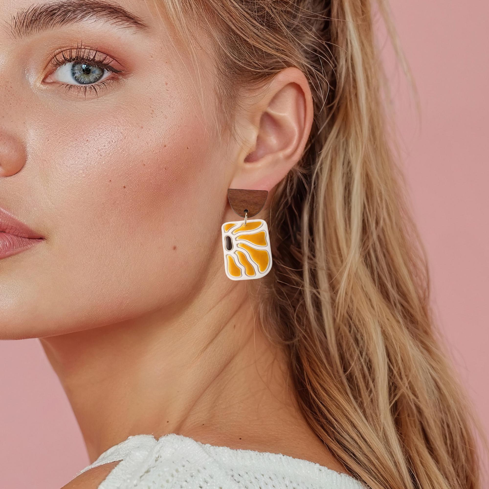 Abstract Sunflower Dangle Earrings | Lightweight Polymer Clay Jewelry | Modern Surgical Steel Earrings | Clip On Option