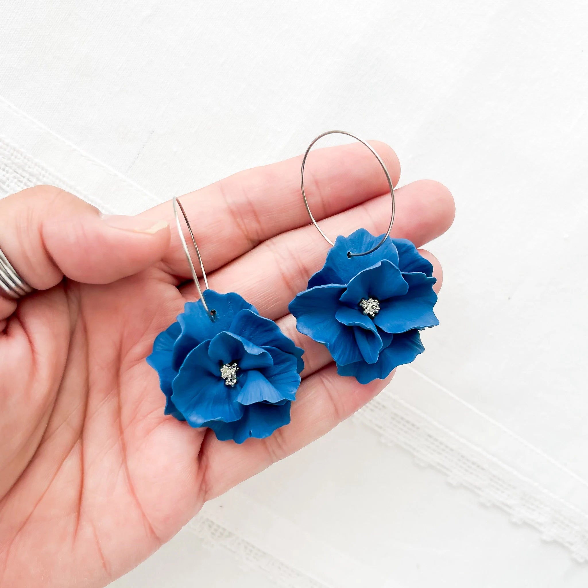 Indigo Blue Large Flower Earrings | Lightweight Polymer Clay Jewelry |  Flower Clip-On Statement Earrings