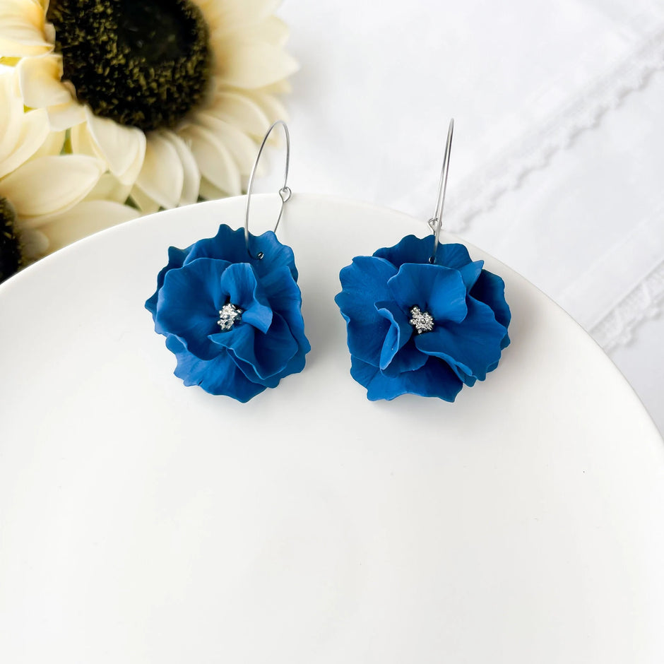Indigo Blue Large Flower Earrings | Lightweight Polymer Clay Jewelry |  Flower Clip-On Statement Earrings