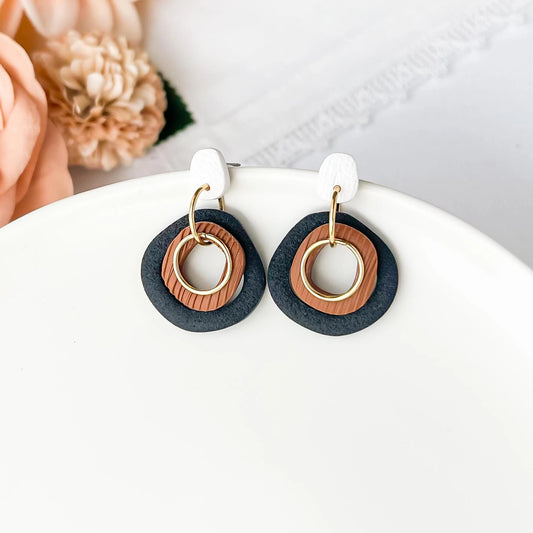 Neutral Geometric Dangle Earrings, Handmade Polymer Clay Earrings, Bold Statement Jewelry, Boho Chic Modern Artisan Jewelry