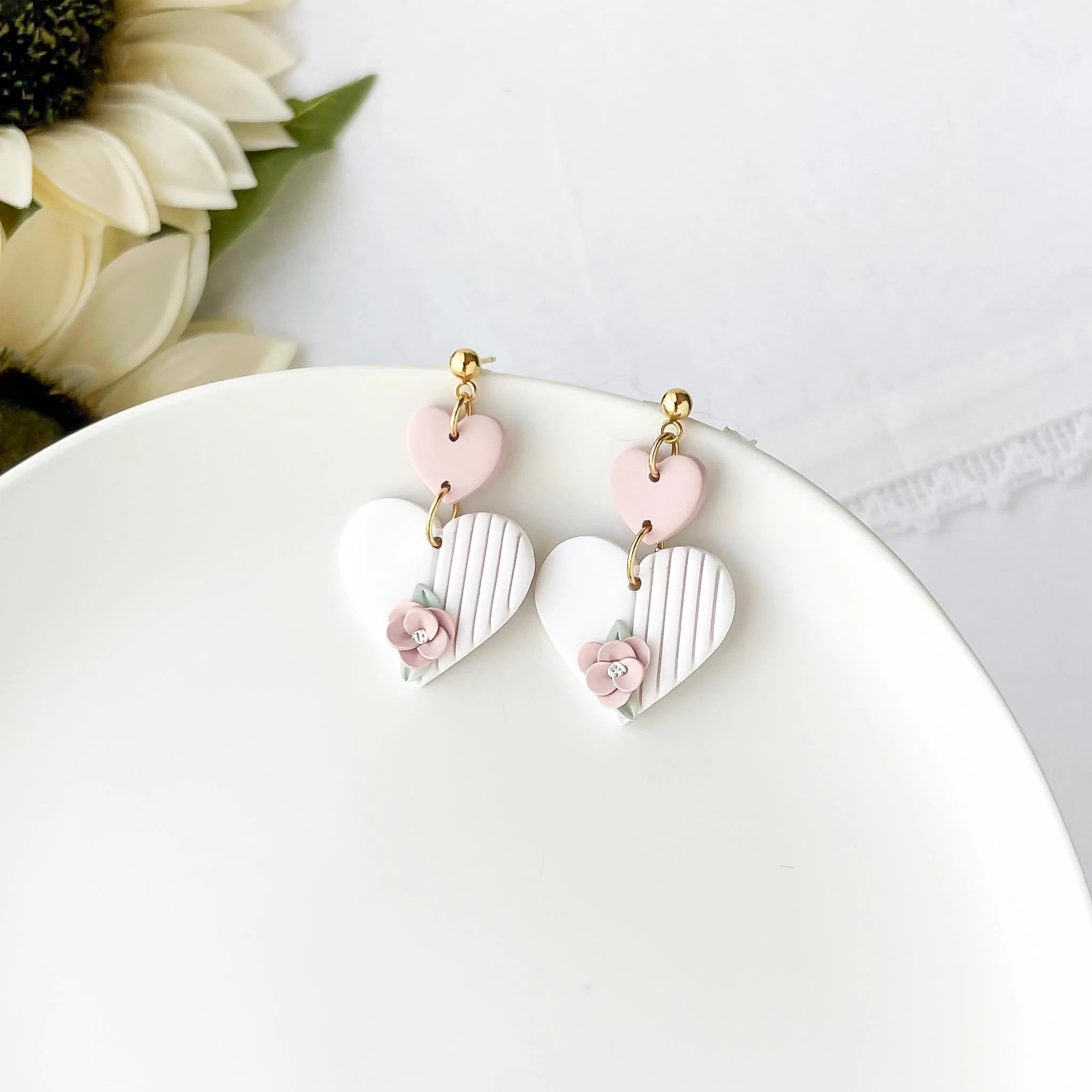 Delicate Handmade Heart Earrings | Unique Polymer Clay Statement Earrings | Boho Chic & Hypoallergenic Jewelry | Artisan Clip-On Earrings