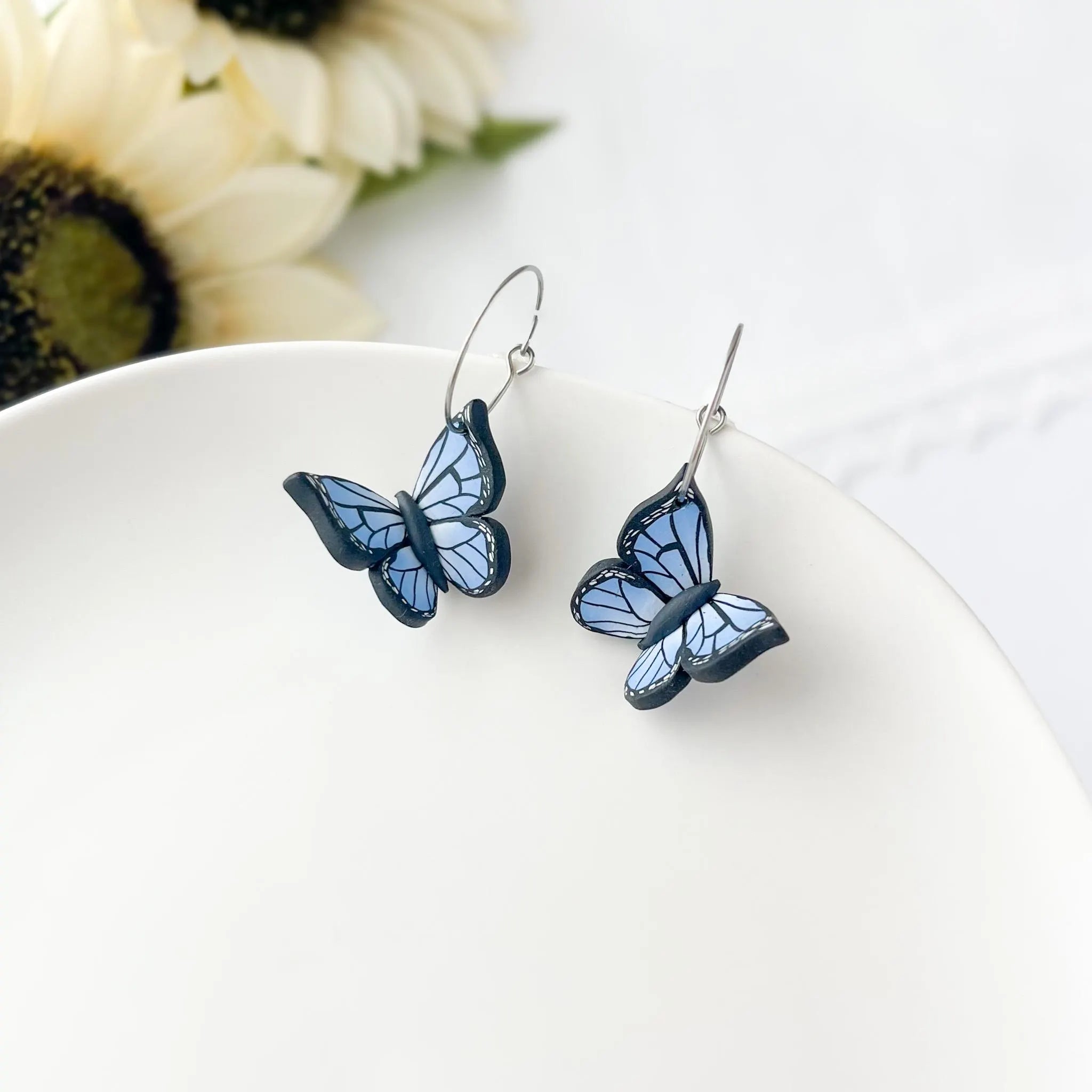Blue Monarch Butterfly Hoop Earrings Gold | Whimsical Polymer Clay Jewelry | Handmade Butterfly Clip On Insect Earrings
