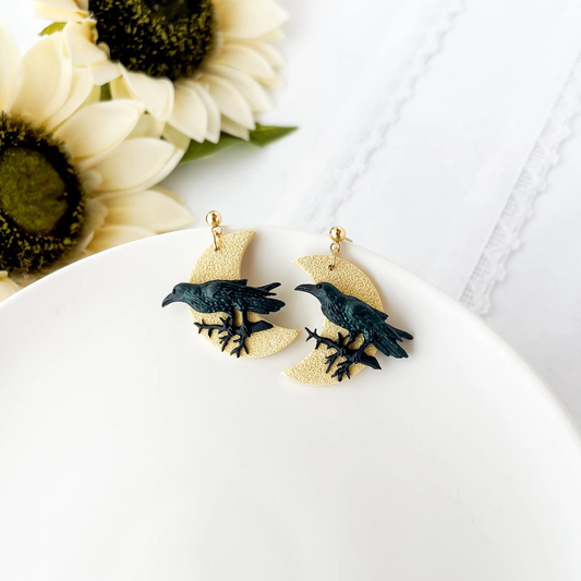 Bold Raven Crescent Moon Earrings - Handcrafted Edgy Earrings for Alternative Fashion | Unique Punk-Inspired Statement Jewelry