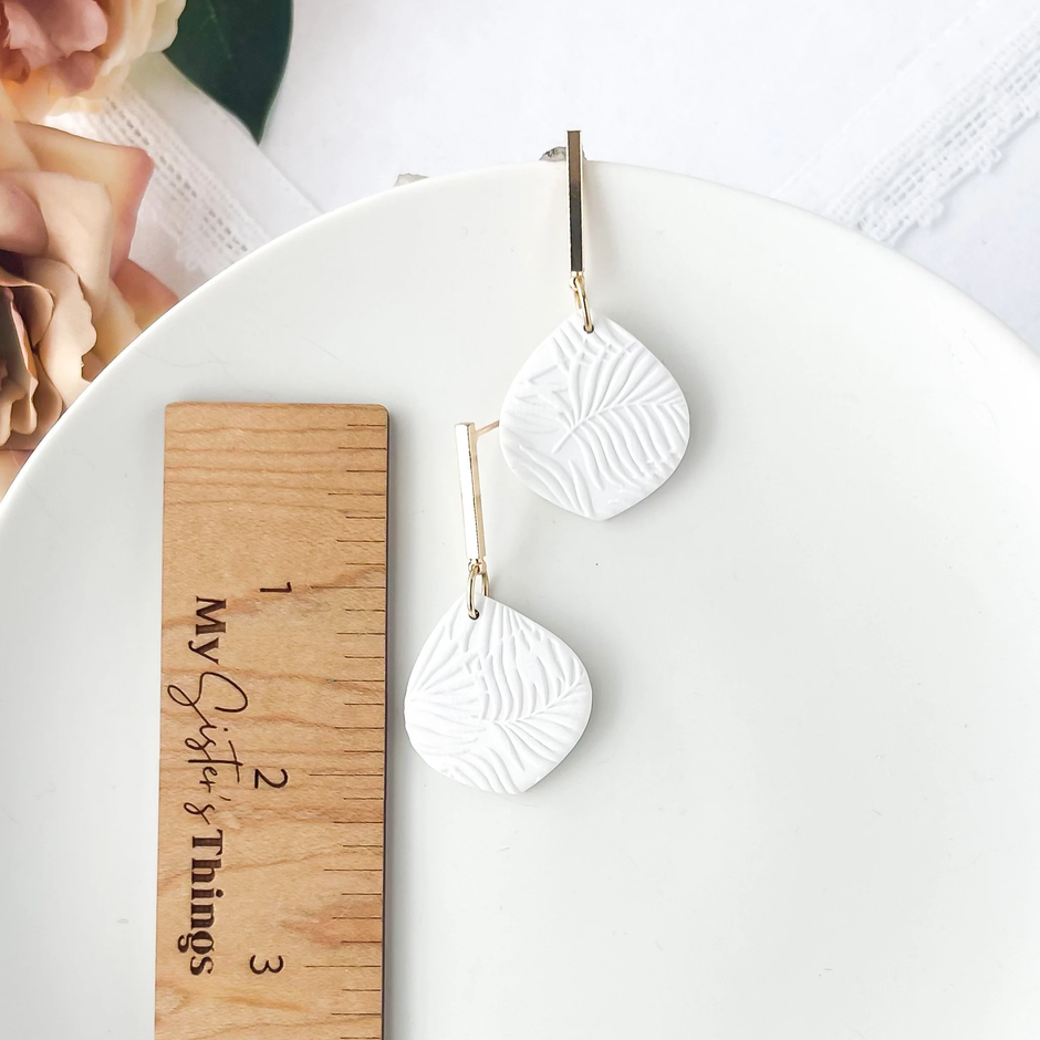 White Palms | White Floral Earrings Dangle | Statement Summer Earrings | Tropical Jewelry Gifts For Her | Palm Leaf Earrings Handmade | Clay Clip On Earrings