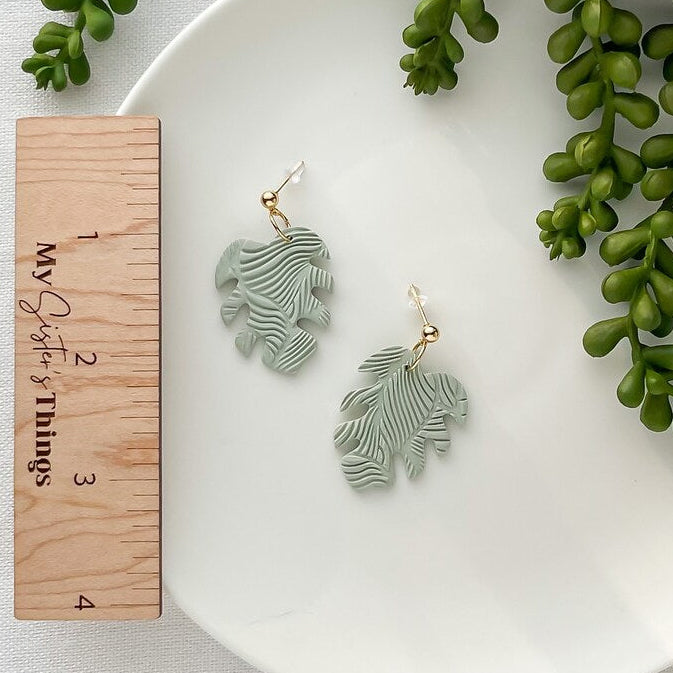 Monstera Leaf Handmade Earrings | Sage Green Polymer Clay Statement Jewelry | Boho Chic Clip-On Earrings