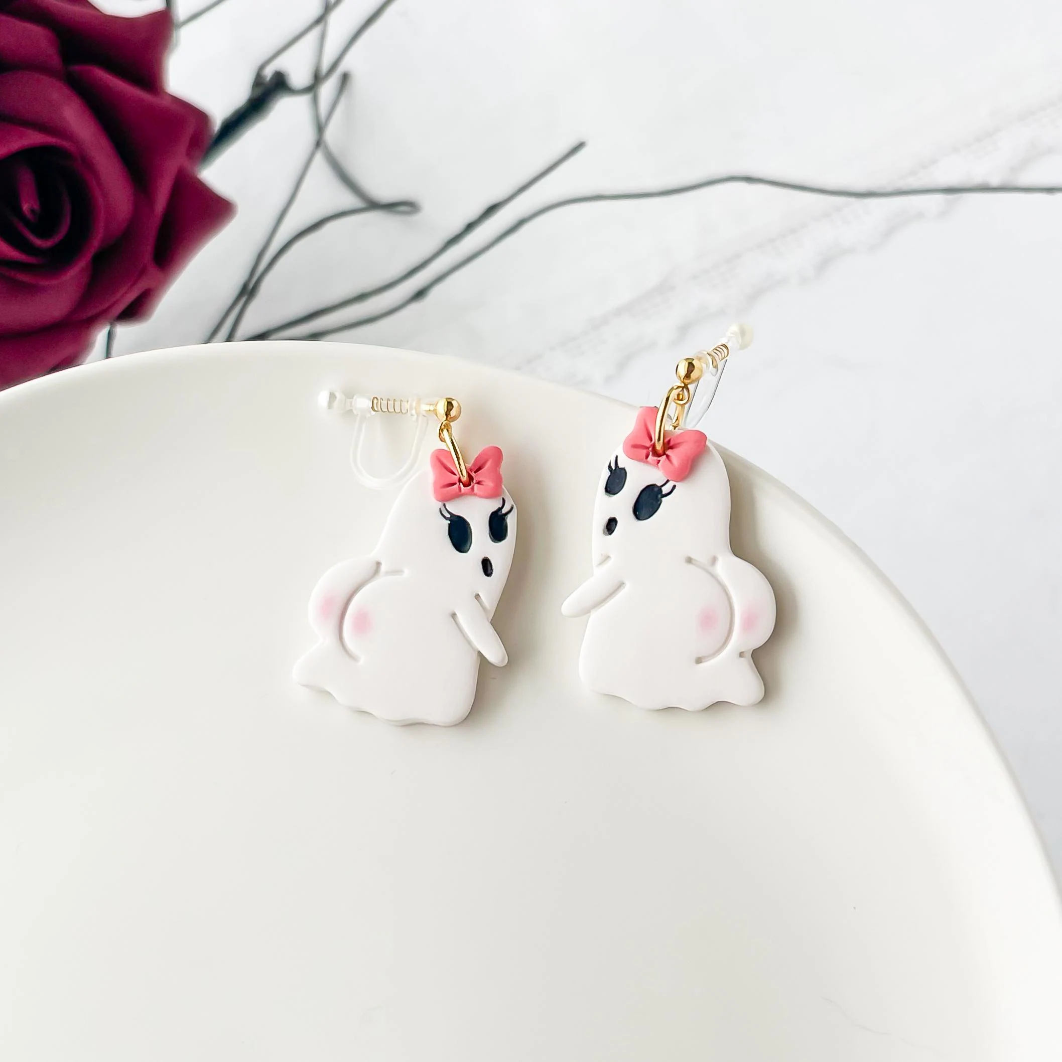 Booty Ghost Dangle Earrings: Cute Halloween Polymer Clay Jewelry, Handmade Fall Accessories, Clip-On Earring Option