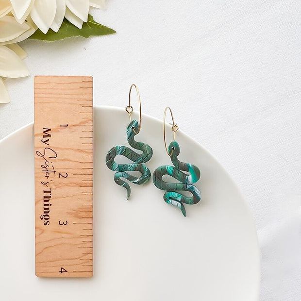 Green Snake Dangle Earrings | Cottagecore Jewelry Nickel Free | Lightweight Statement Jewelry | Witchy Clip-Ons Earrings Option