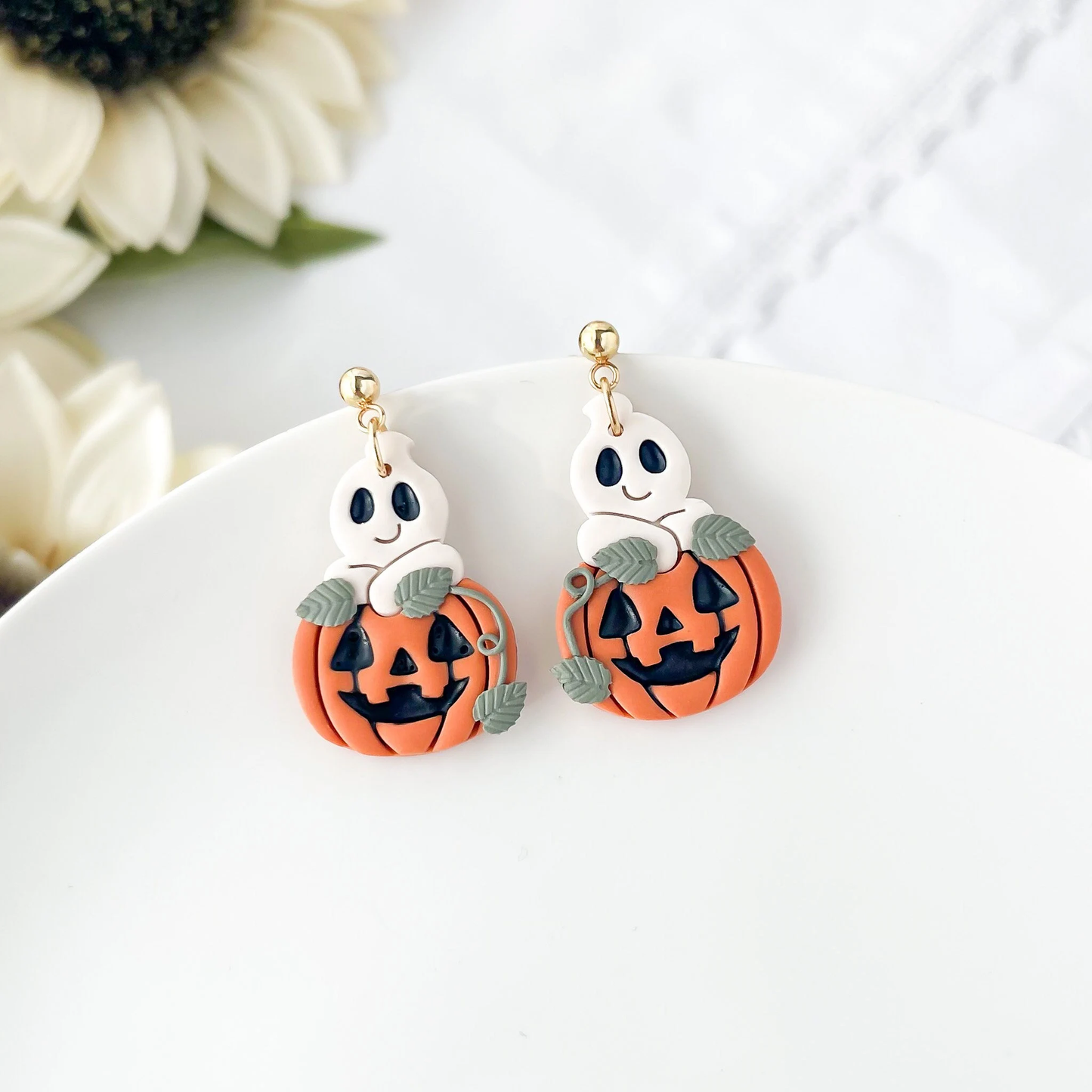 Cute Handmade Ghost and Pumpkin Dangle Earrings - Unique Boho Chic Statement Jewelry for Halloween | Artisan Polymer Clay, Hypoallergenic