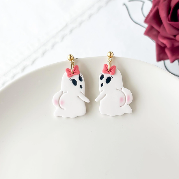 Booty Ghost Dangle Earrings: Cute Halloween Polymer Clay Jewelry, Handmade Fall Accessories, Clip-On Earring Option